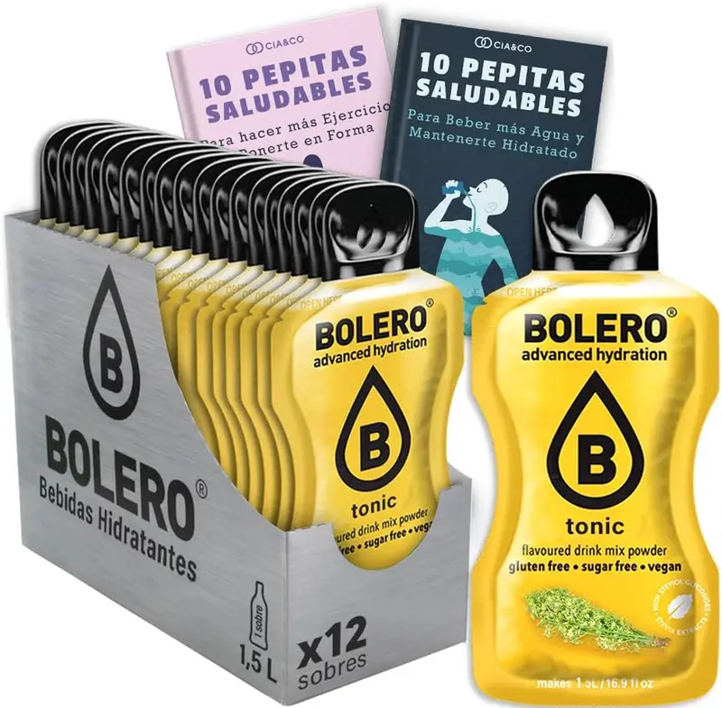 Pack de 12 sobres de Bolero Tónica, la bebida saborizada sin azúcar para 24 litros. Incluye 20 Pepitas Saludables de Cia&Co para un estilo de vida más equilibrado.
