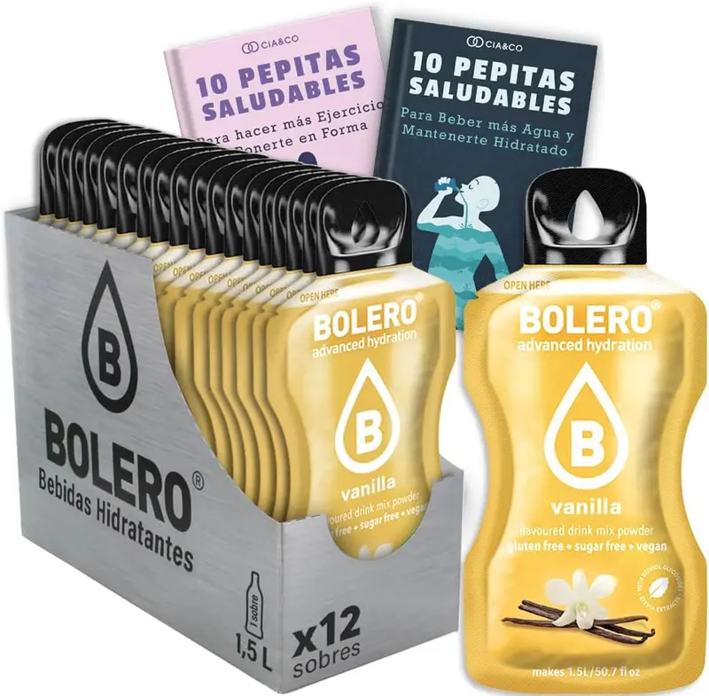 Pack de 12 sobres de Bolero Vainilla, la bebida saborizada sin azúcar para 24 litros. Incluye 20 Pepitas Saludables de Cia&Co para un toque dulce y sano en tu vida.