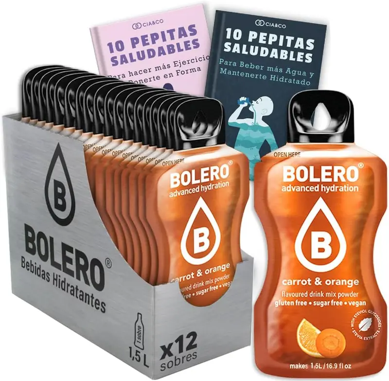 Pack de 12 sobres de Bolero Zanahoria y Naranja, bebida instantánea sin azúcar para 24 litros. Incluye 20 Pepitas Saludables de Cia&Co para un estilo de vida mejor.