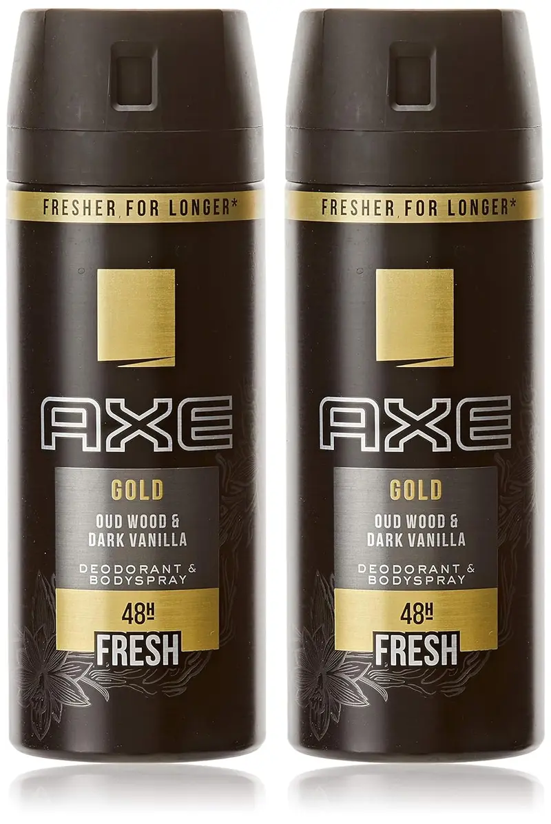 Pack de 2 Desodorantes Axe Gold (2x150 ml). Una fragancia masculina y sofisticada con madera de agar y vainilla negra que te ofrece hasta 48 horas de protección.