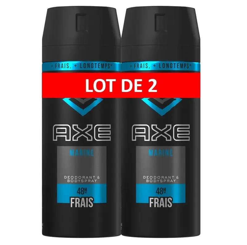 Pack de 2 Desodorantes Axe Marine (2x150 ml, Total 300 ml). Una fragancia sofisticada y refrescante con notas de bergamota y pera para una frescura masculina duradera.