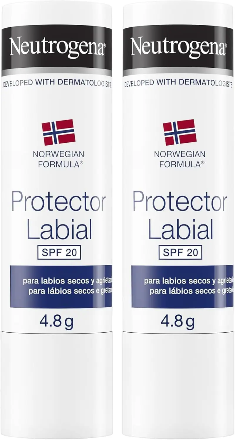 Pack de 2 Protectores Labiales Neutrogena Fórmula Noruega con SPF 20. Un bálsamo reparador incoloro para hidratar los labios secos y protegerlos del sol.