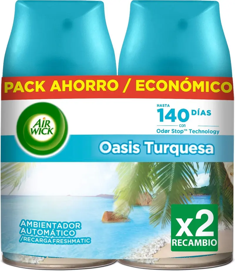 Pack de 2 Recambios Air Wick Freshmatic con aroma Oasis Turquesa. Disfruta de hasta 140 días de una fragancia paradisíaca que elimina los malos olores.