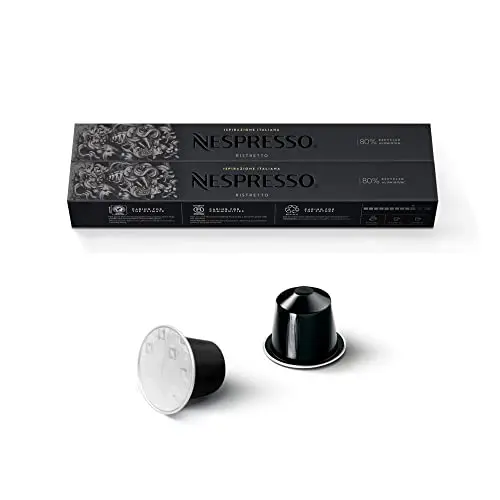 Pack de 20 Cápsulas de Café Nespresso Original Ristretto. Disfruta de un café de tueste intenso con notas frutales y de cacao. Ideal para un espresso con cuerpo y carácter, de intensidad 10.