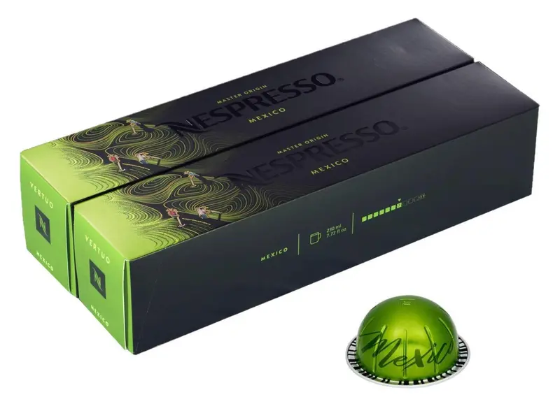 Pack de 20 Cápsulas Nespresso Vertuo Mexico. Un café de Origen Único para taza grande (230ml), con un rico perfil a madera tostada y especias. Intensidad 7.
