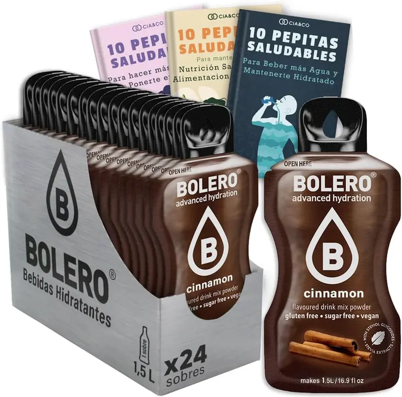 Pack de 24 Bebidas Bolero Sabor Canela, la forma más dulce y aromática de hidratarte sin azúcar. Con Vitamina C y Stevia para un bienestar completo.