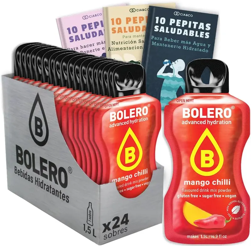 Pack de 24 sobres de Bebida Bolero con el exótico y atrevido sabor a Mango Picante. Una experiencia de hidratación sin azúcar que despertará tus sentidos. Incluye 30 Pepitas Saludables.