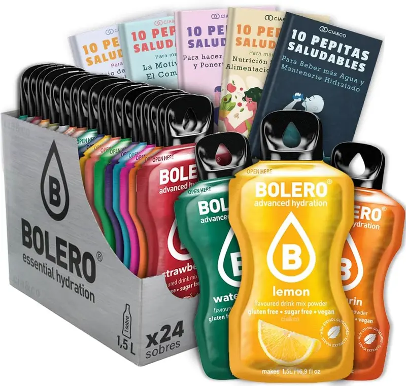 Pack de 24 sobres de Bebida Bolero con sabores variados, la forma perfecta de descubrir tu favorito y disfrutar de una hidratación saludable y divertida cada día.