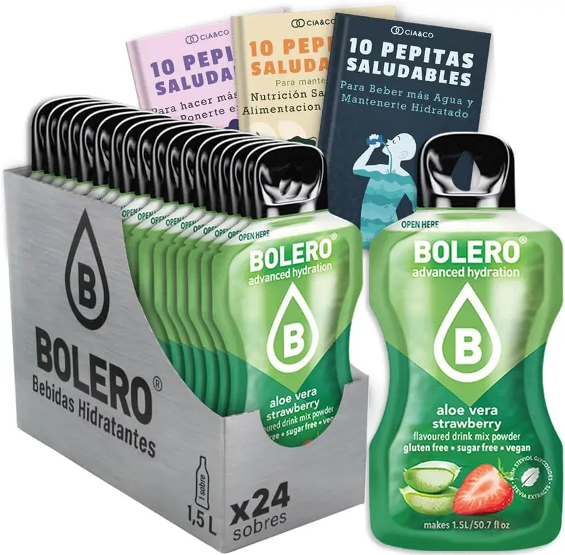 Pack de 24 sobres de Bebida Bolero sabor Aloe Vera y Fresa, una combinación irresistible y saludable para tu hidratación diaria. Sin azúcar y con Vitamina C.