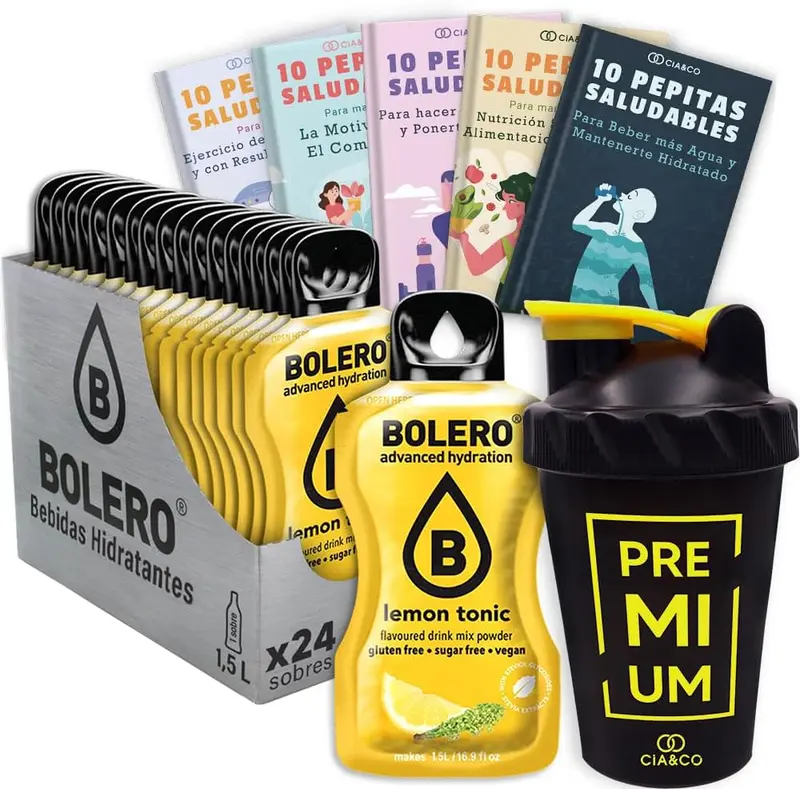Pack de 24 sobres de Bebida Bolero sabor Limón Tónica, una experiencia refrescante e hidratante sin azúcar. Incluye 50 Pepitas Saludables y una botella mezcladora Cia&Co de 500 ml.