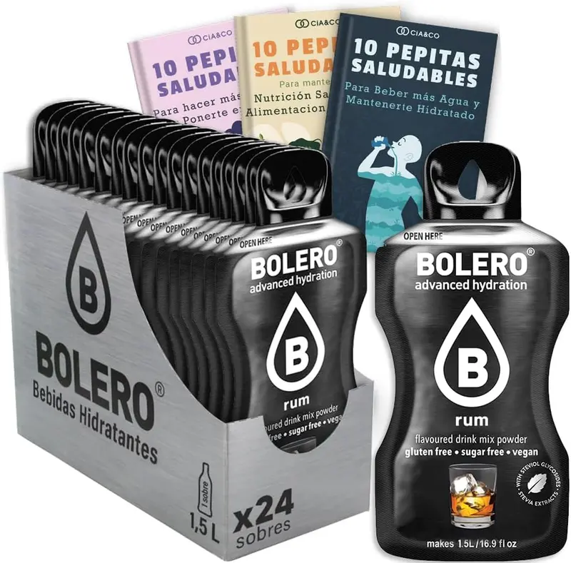Pack de 24 sobres de Bebida Bolero sabor Ron, una experiencia caribeña sin alcohol ni azúcar. Con Vitamina C y 30 Pepitas Saludables para un estilo de vida top.