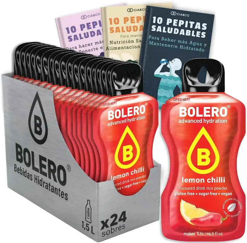 Pack de 24 sobres de Bolero sabor Limón Picante. Una bebida hidratante, sin azúcar, con Vitamina C y un toque atrevido. Incluye 30 Pepitas Saludables de Cia&Co para tu bienestar.
