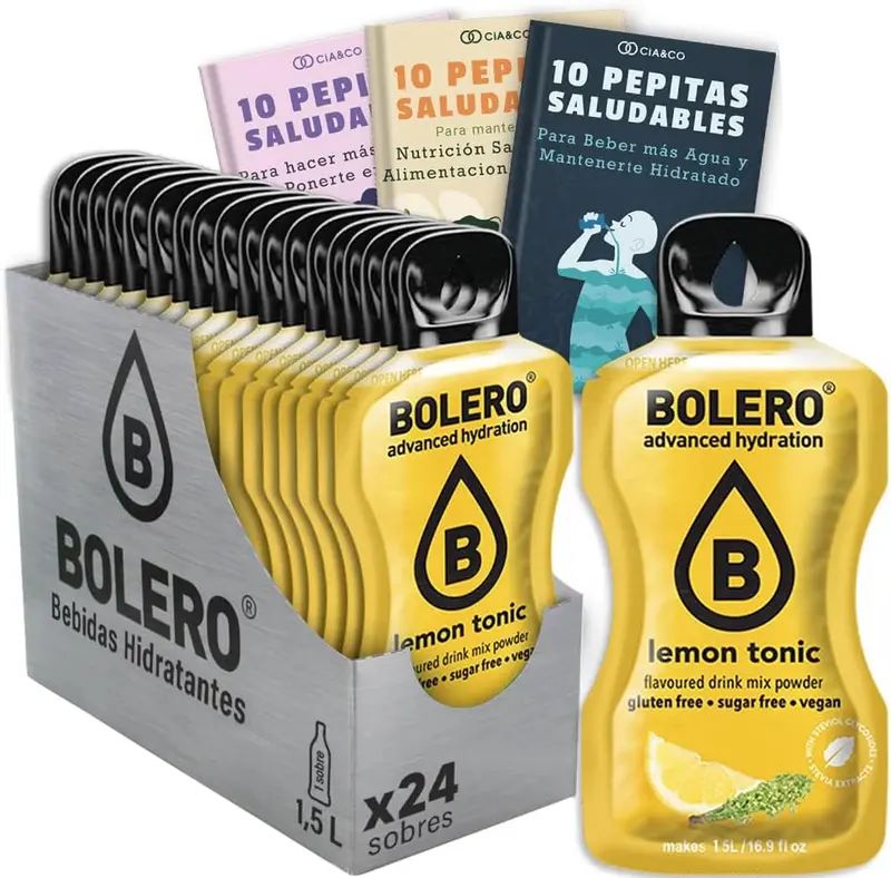 Pack de 24 sobres de Bolero sabor Limón Tónica. La bebida sin azúcar con el toque amargo y cítrico del gin tonic. Incluye 30 Pepitas Saludables de Cia&Co para un bienestar superior.