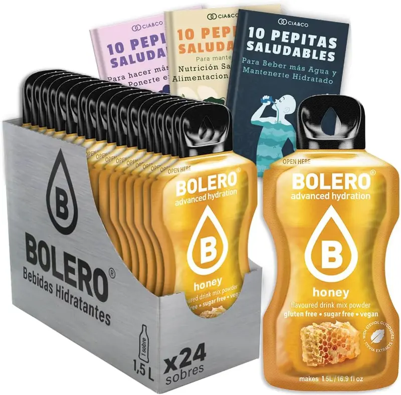 Pack de 24 sobres de Bolero sabor Miel. Bebida instantánea sin azúcar para una hidratación deliciosa. Enriquecida con Vitamina C y Stevia. Incluye 30 Pepitas Saludables de Cia&Co.