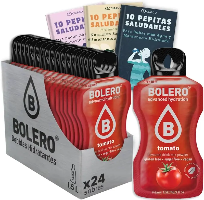 Pack de 24 sobres de Bolero sabor Tomate, una bebida hidratante y sorprendente sin azúcar. Incluye 30 Pepitas Saludables para inspirar tu bienestar by Cia&Co.