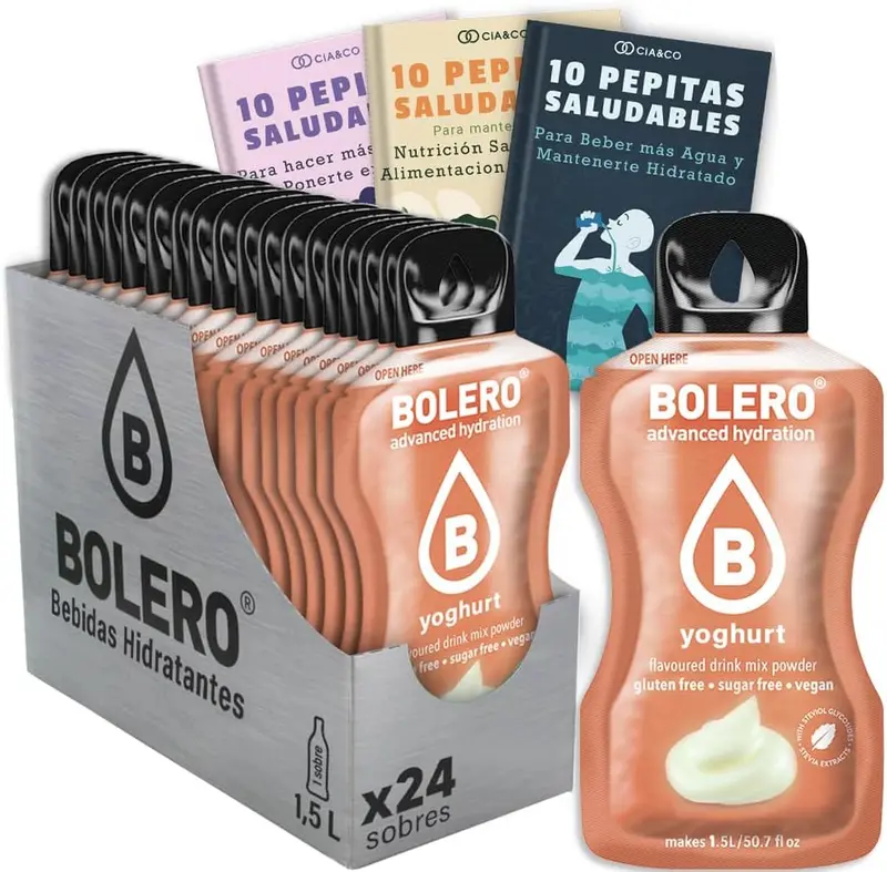 Pack de 24 sobres de Bolero Yogurt, una bebida sin azúcar con un sabor ácido y cremoso. Incluye 30 Pepitas Saludables de Cia&Co para potenciar tu bienestar.