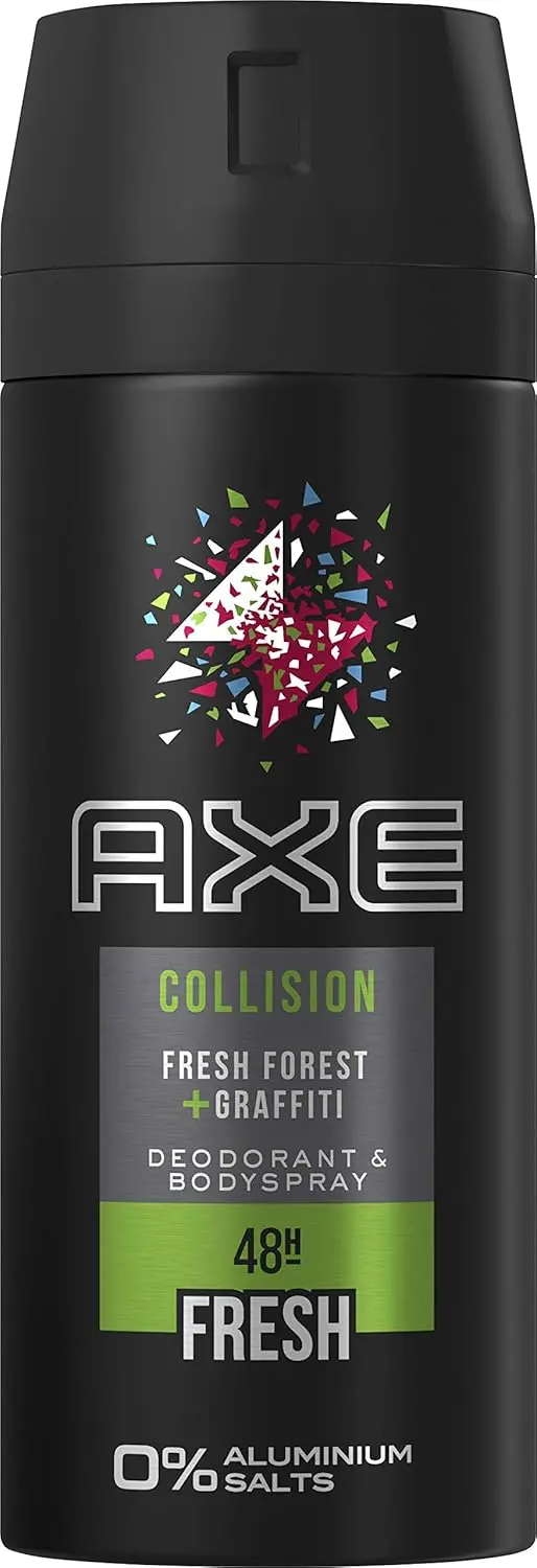 Pack de 3 Desodorantes Axe Collision Fresh Forest & Graffiti, 3x150 ml. Una fragancia inesperada sin sales de aluminio para una protección y frescura de larga duración.