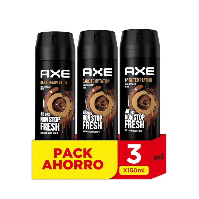 Pack de 3 Desodorantes Axe Dark Temptation (3x150 ml). Bodyspray para hombre con aroma a chocolate y protección de 48h gracias a su Tecnología Dual Action.