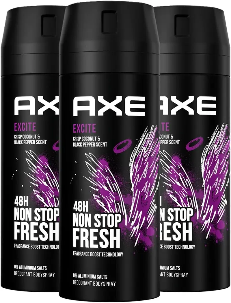 Pack de 3 Desodorantes Axe Excite (3x150 ml). Un bodyspray para hombre sin aluminio con 48h de protección y una fragancia adictiva de coco, avellana y caramelo.
