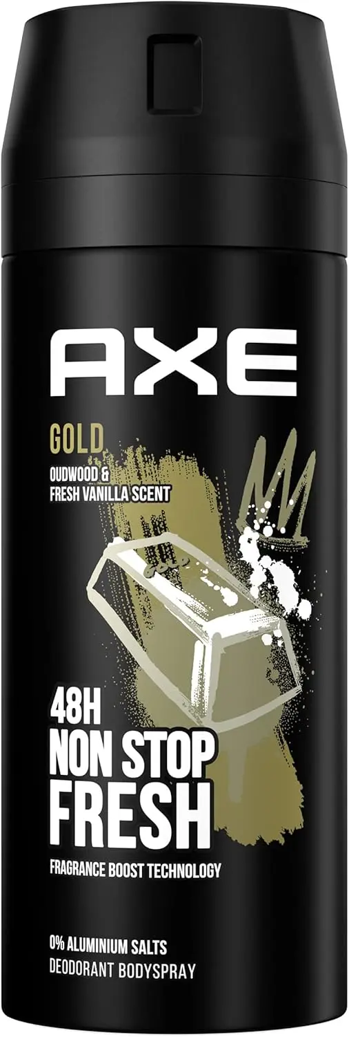 Pack de 3 Desodorantes Axe Gold (3x150 ml). Bodyspray sin aluminio con protección 48h, Tecnología Dual Action y un aroma sofisticado a madera de agar y vainilla.