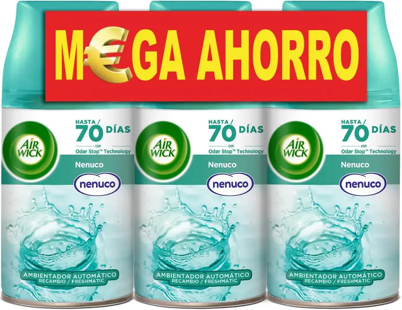 Pack de 3 Recambios Air Wick Freshmatic con Aroma a Nenuco (3x250ml). Ambientador automático que elimina olores y perfuma tu hogar con una fragancia fresca y ligera.