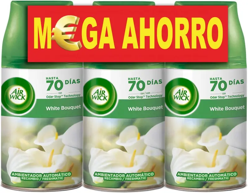 Pack de 3 Recambios Air Wick Freshmatic con Aroma White Bouquet. Asegura hasta 210 días de un ambiente fresco y floral, con la esencia de flores blancas recién cortadas.