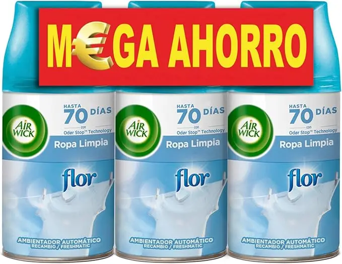 Pack de 3 Recambios Air Wick Freshmatic con Fragancia de Flor. Mantén tu hogar perfumado hasta 210 días con este formato ahorro y su aroma a ropa limpia y fresca.