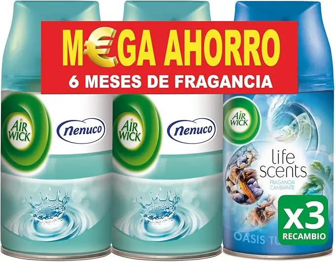 Pack de 3 Recambios Air Wick Freshmatic con fragancias Nenuco y Oasis Turquesa. Un total de 750ml para disfrutar de hasta 6 meses de perfume variado y fresco.