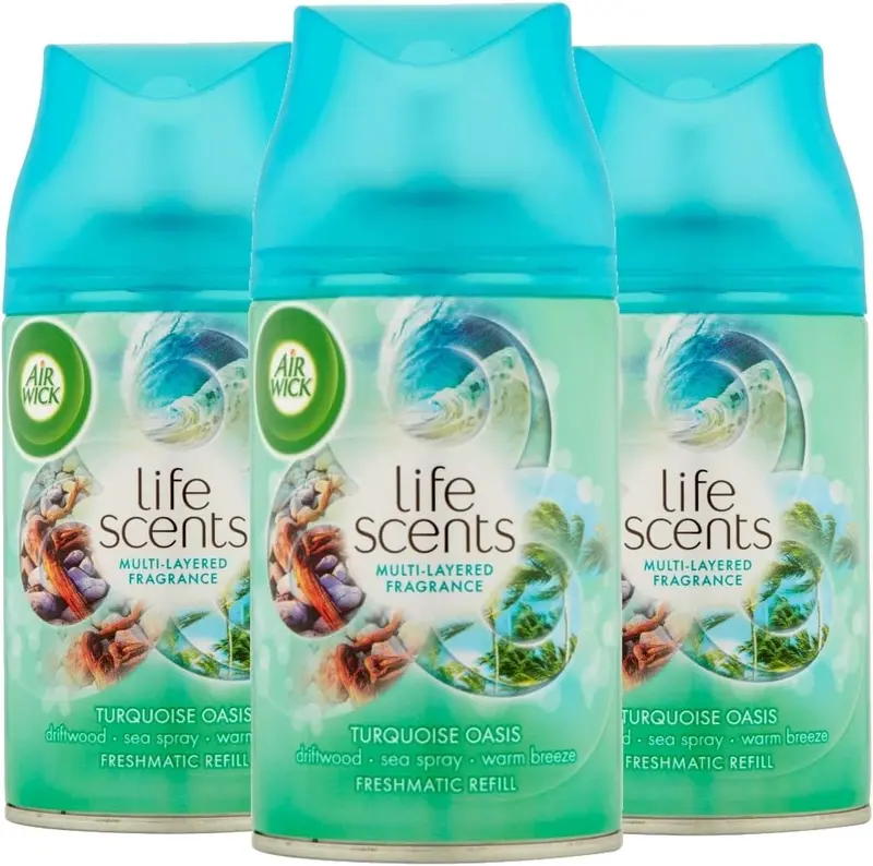 Pack de 3 Recambios Air Wick Freshmatic Max con aroma a Oasis Turquesa. Un total de 750ml para disfrutar de hasta 60 días de fragancia fresca por recambio.
