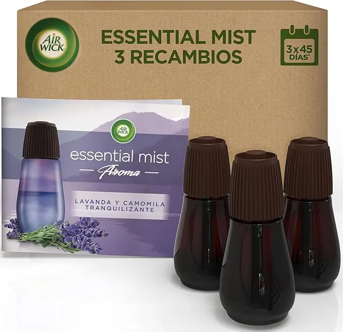 Pack de 3 Recambios para el difusor Air Wick Essential Mist con fragancia de Lavanda y Camomila, una mezcla de aceites esenciales que proporciona hasta 135 días de aroma.