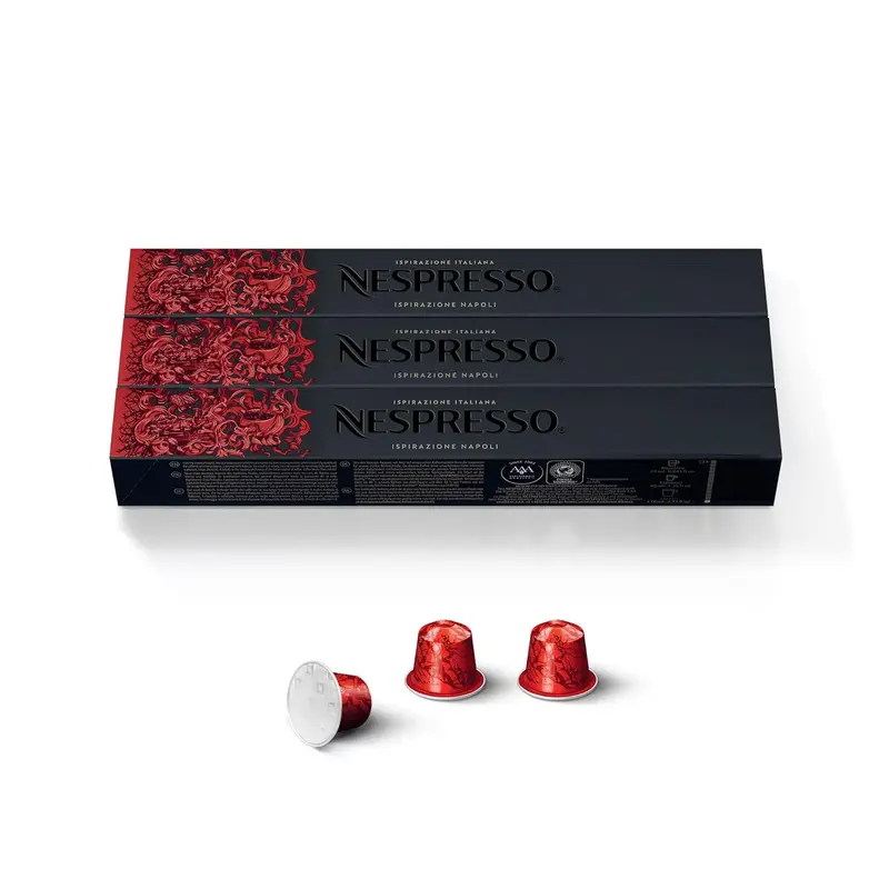 Pack de 30 Cápsulas de Café Nespresso Ispirazione Napoli. Café para sistema Original. El espresso más intenso (13/13) con notas a cacao y un cuerpo denso.