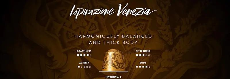 Pack de 30 Cápsulas de Café Nespresso Ispirazione Venezia. Un café de intensidad 8, equilibrado y con cuerpo, que evoca la tradición cafetera italiana de Venecia.