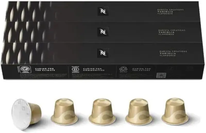 Pack de 30 cápsulas de café Nespresso Vanilio para sistema Original. Disfruta de un Espresso Lungo gourmet con el delicado aroma de la vainilla, intensidad 6.