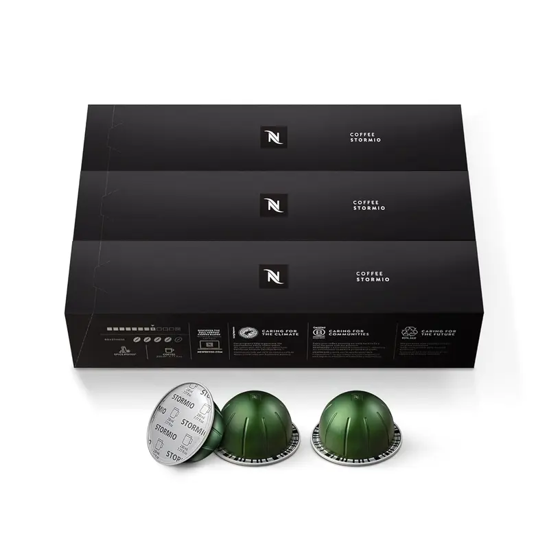Pack de 30 Cápsulas de Café Nespresso Vertuo Stormio. Un café intenso y especiado de tueste oscuro para taza grande (230ml), elaborado con Arábicas de Guatemala y Nicaragua, de intensidad 8.