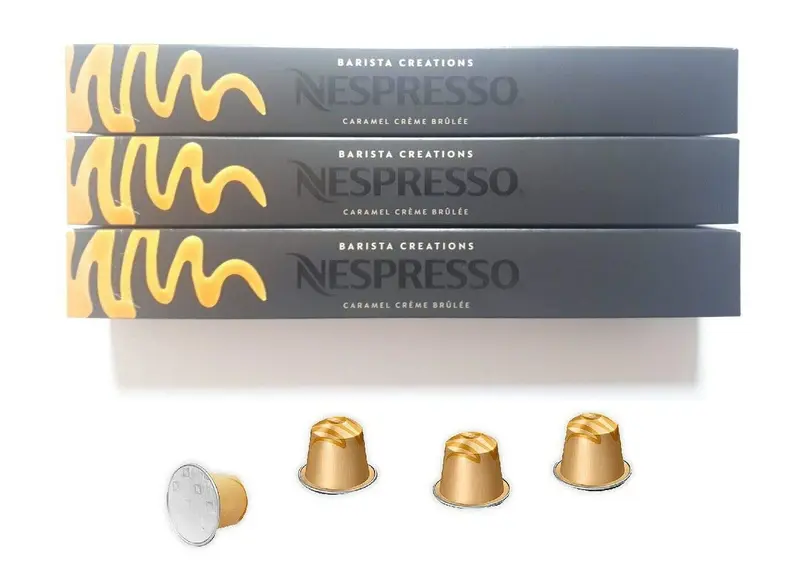 Pack de 30 cápsulas Nespresso Barista Creations Caramel Crème Brûlée. Café aromatizado con notas de caramelo, vainilla y coco. Ideal para recetas con leche. Compatible con sistema Original.