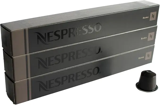 Pack de 30 Cápsulas Nespresso Original Roma. Café Espresso Equilibrado de Intensidad 8 con Notas a Cereal Tostado y Amaderadas. Compatible con cafeteras Nespresso OriginalLine. Para espresso.