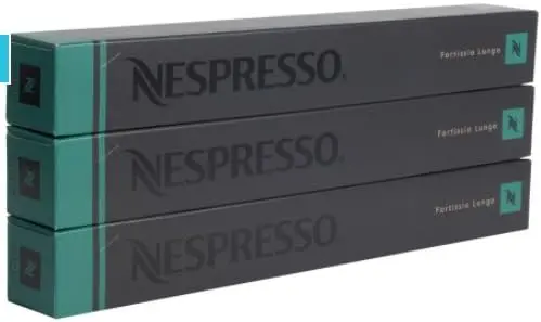 Pack de 30 Cápsulas Nespresso Original Stockholm Fortissio Lungo. Café largo e intenso de intensidad 8, rico y con notas de malta dulce. Para cafeteras Nespresso OriginalLine. Tres estuches.
