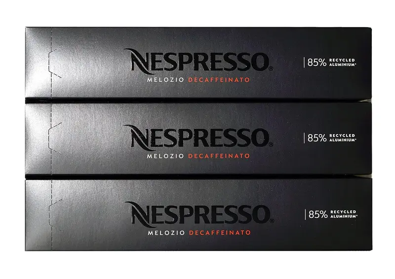 Pack de 30 Cápsulas Nespresso Vertuo Melozio Decaffeinato. Disfruta del mismo sabor suave y equilibrado con notas a cereal y dulzura de miel, ahora sin cafeína, para tu taza de 230 ml.