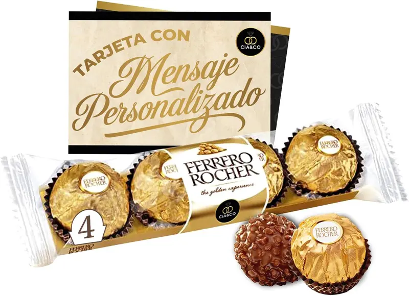 Pack de 4 Bombones Ferrero Rocher (50g) con Tarjeta Personalizada Cia&Co. El detalle dulce y personal perfecto para decir "gracias", "enhorabuena" o "me acuerdo de ti" de forma original.