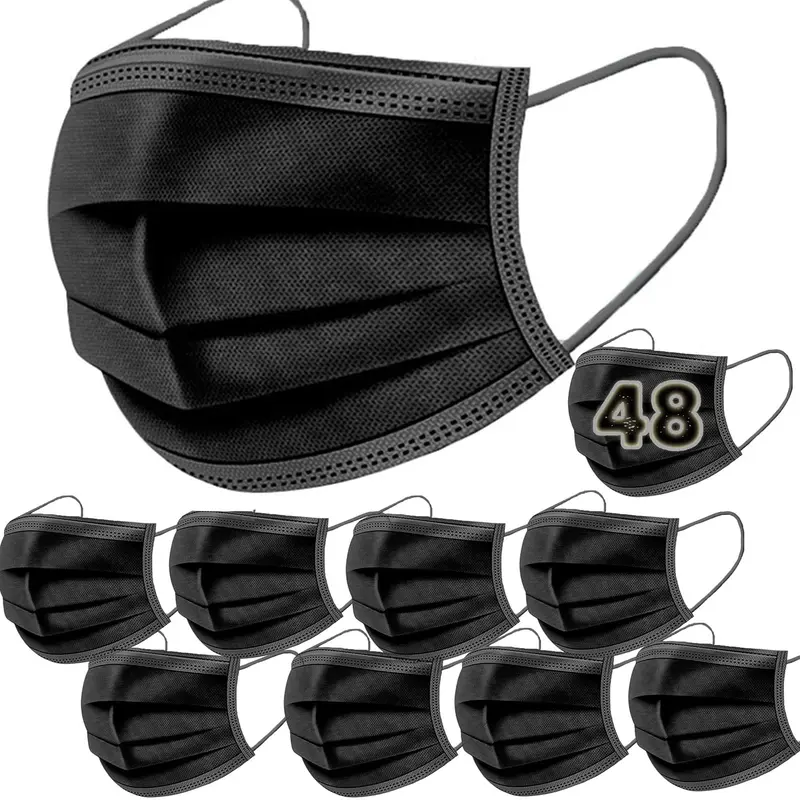 Pack de 48 mascarillas higiénicas desechables de color negro The Pink House. Protección de 3 capas con un diseño elegante para un uso diario seguro y con estilo.
