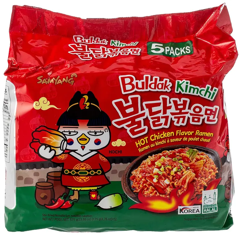 Pack de 5 Samyang Buldak Kimchi. Fideos Coreanos de Pollo Picante con el Sabor Intenso y Fermentado del Kimchi. Una Combinación Ácida, Picante y Deliciosa.