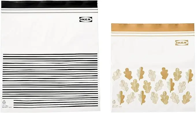 Pack de 50 Bolsas de Plástico Reutilizables IKEA ISTAD con Cierre. Incluye dos tamaños prácticos y un diseño moderno en colores gris y blanco para organizar tu cocina.