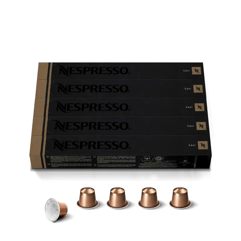 Pack de 50 cápsulas de café Nespresso Cosi. Un espresso de tueste ligero y cuerpo delicado, con refrescantes notas cítricas y de cereal. Intensidad 4.