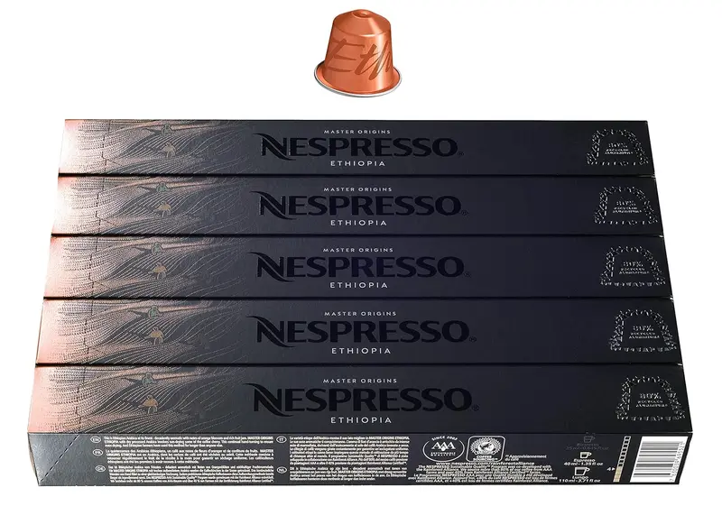 Pack de 50 cápsulas de café Nespresso Master Origin Ethiopia. Café 100% Arábica de tueste natural y secado al sol para un sabor único, ideal para Lungo 110ml.