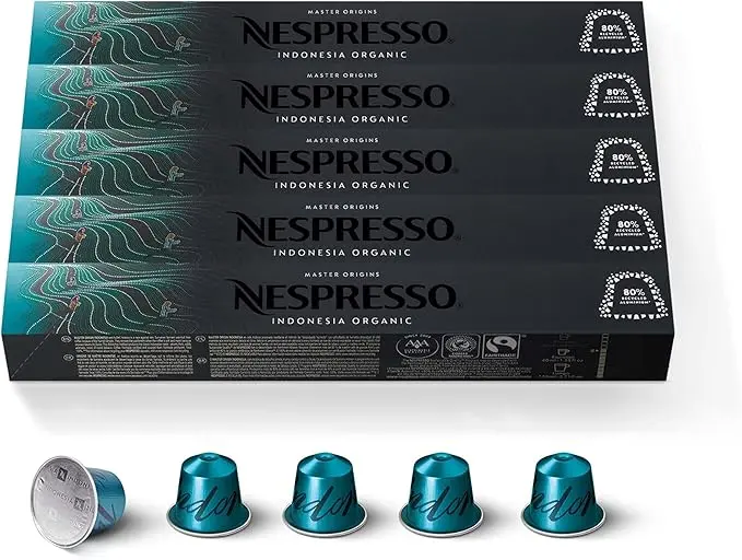 Pack de 50 cápsulas de café Nespresso Master Origin Indonesia Orgánico. Un Arábica de origen único con cuerpo, notas amaderadas y certificado ecológico. Intensidad 8.