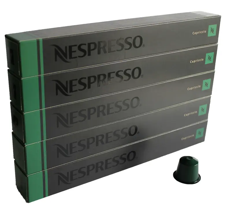 Pack de 50 cápsulas de café Nespresso Original Capriccio. Un espresso equilibrado y rico en aromas, de intensidad 5, compatible con todas las cafeteras Nespresso Original.