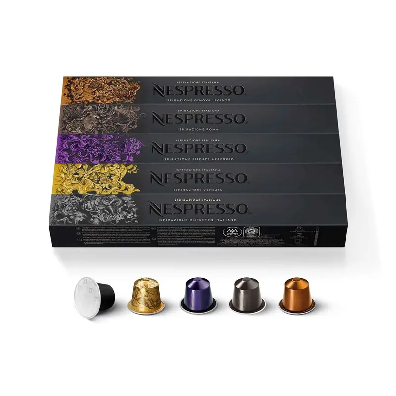 Pack de 50 Cápsulas de Café Nespresso OriginalLine Surtido Italiano. Incluye 10x Venezia, 10x Ristretto Italiano, 10x Arpeggio, 10x Roma y 10x Livanto, una selección para todos los gustos.