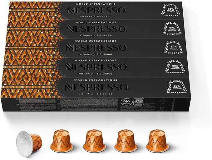 Pack de 50 Cápsulas de Café Nespresso Vienna Lungo (antes Linizio). Café para sistema Original de intensidad 6. Un Lungo suave con notas a malta y cereales.