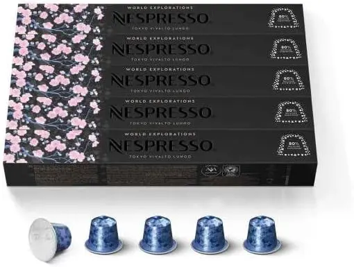 Pack de 50 cápsulas de café Nespresso Vivalto Lungo (5 packs de 10). Una mezcla compleja y equilibrada de Arábicas con notas florales y tostadas. Intensidad 6.