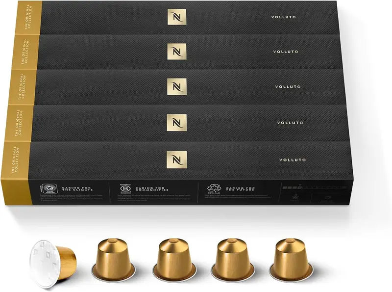 Pack de 50 cápsulas de café Nespresso Volluto. Espresso de tueste ligero con un perfil dulce y afrutado, y notas a galleta. Intensidad suave (4/13).